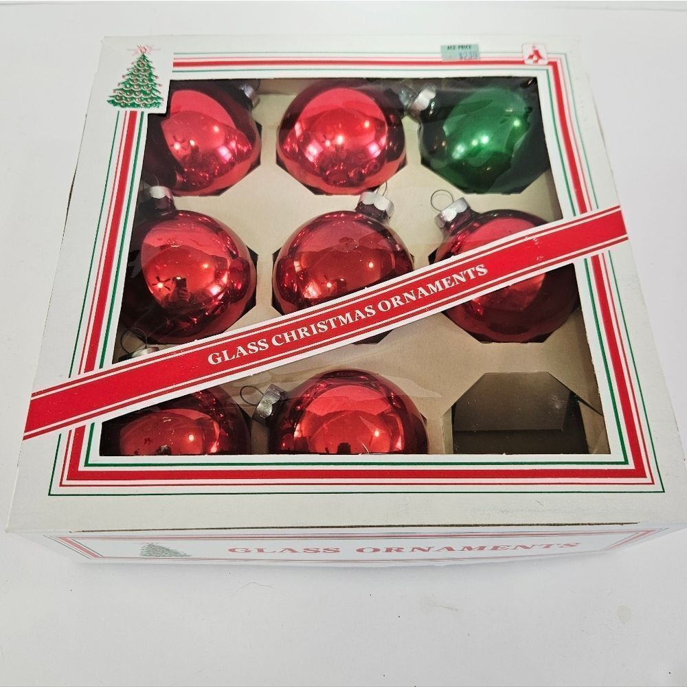 Vintage 1960's Essex Franke Red Ball Glass Christmas Ornament Set of 8 In Box